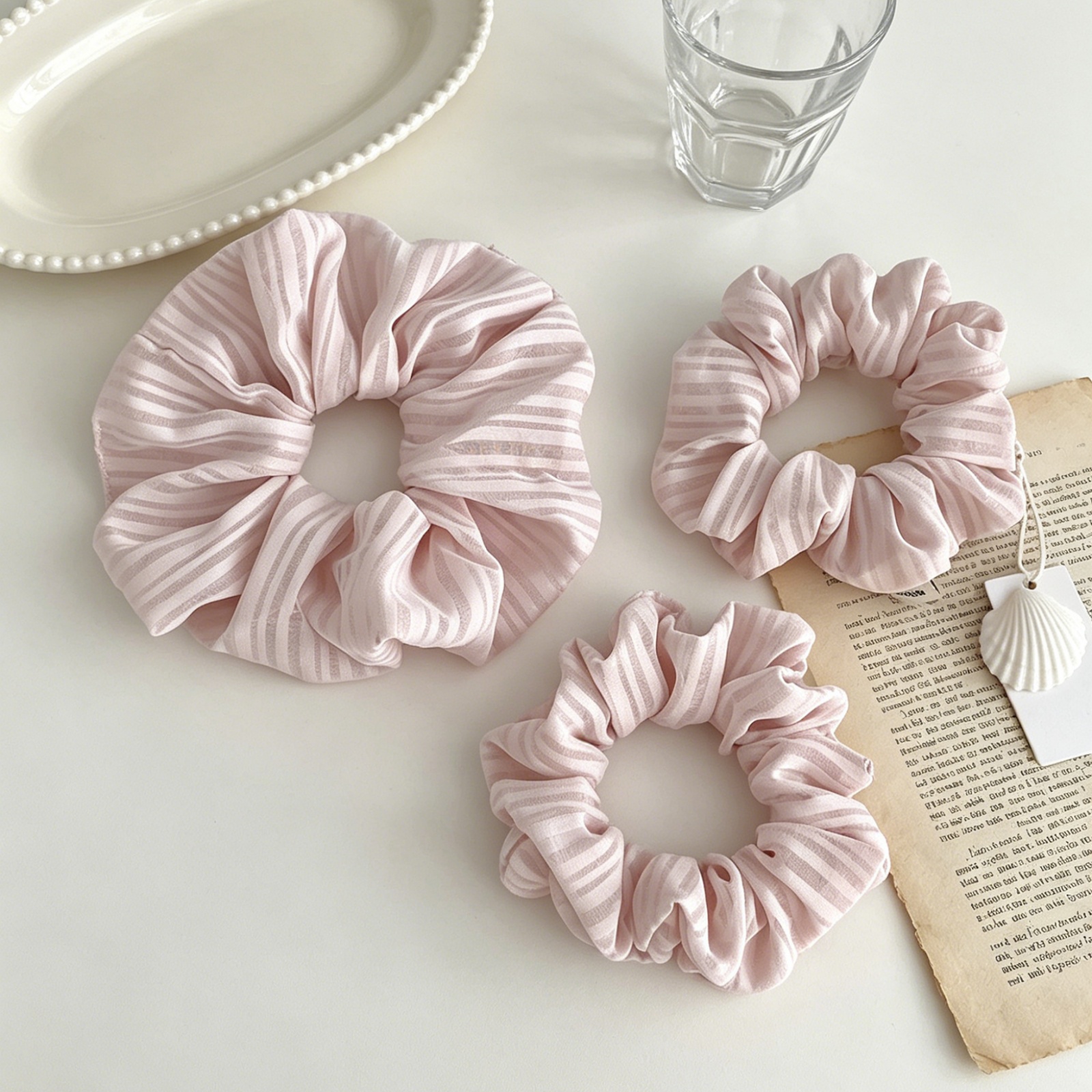 Women'S Work Accessories - Pink Stripe Chiffon Scrunchies for Women